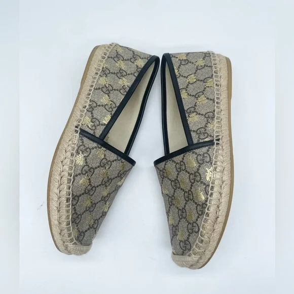 Gucci Beige Natural GG coated canvas black leather trim bee espadrille 38.5 - Picture 4 of 8